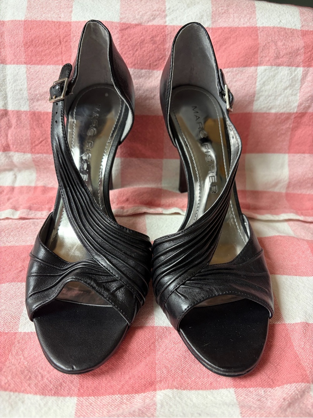 Marc Fisher Black Leather Pleated D'Orsay Peep-Toe Heels